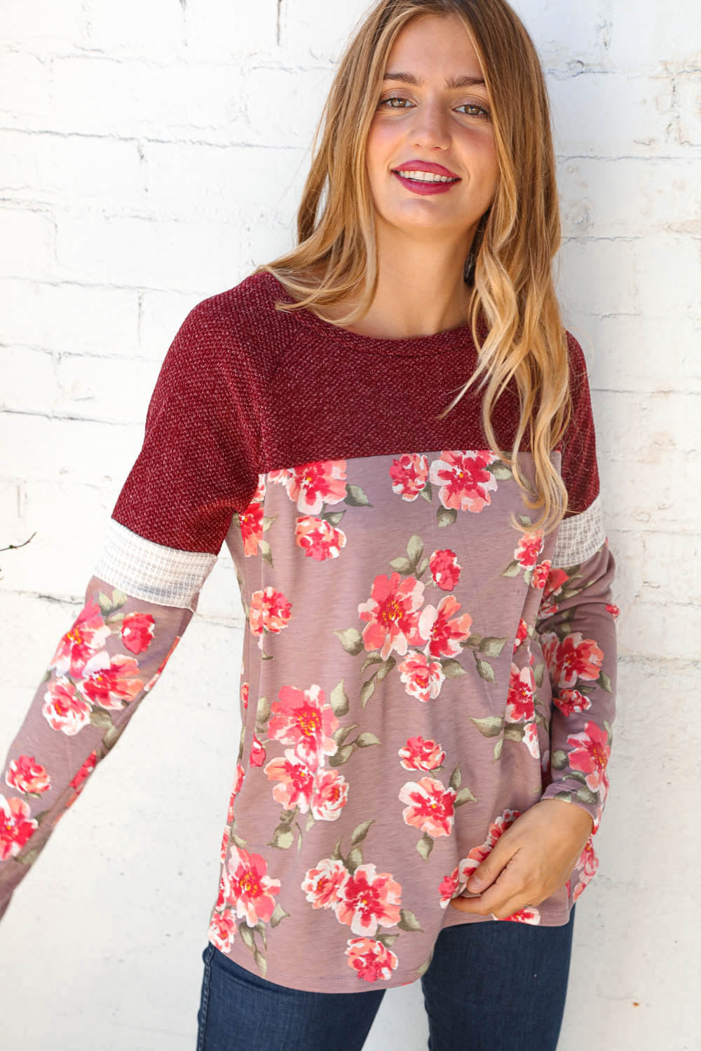 Two Tone Textured Yoke Raglan Floral Top