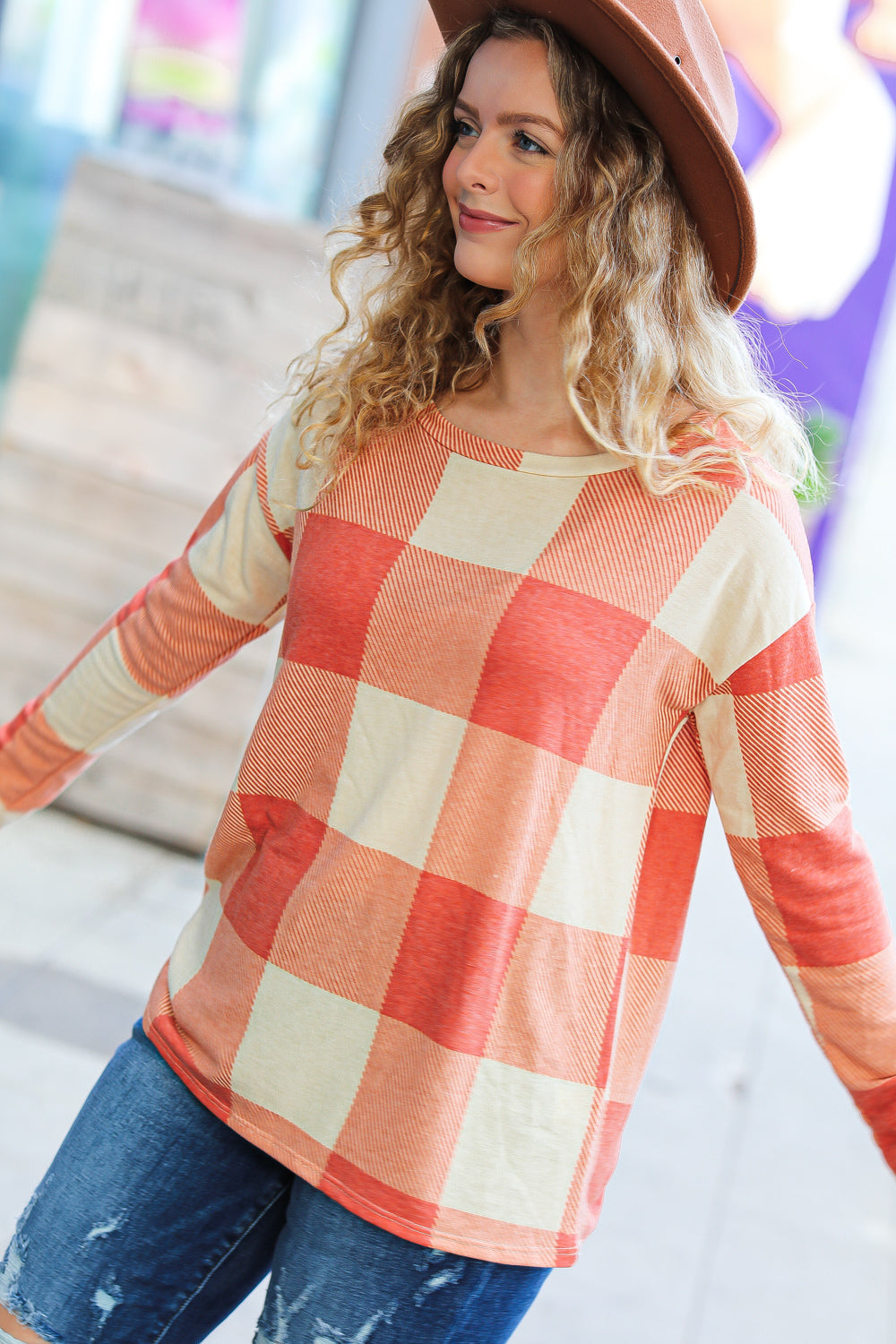 Give You Joy Rust Checker Plaid French Terry Top