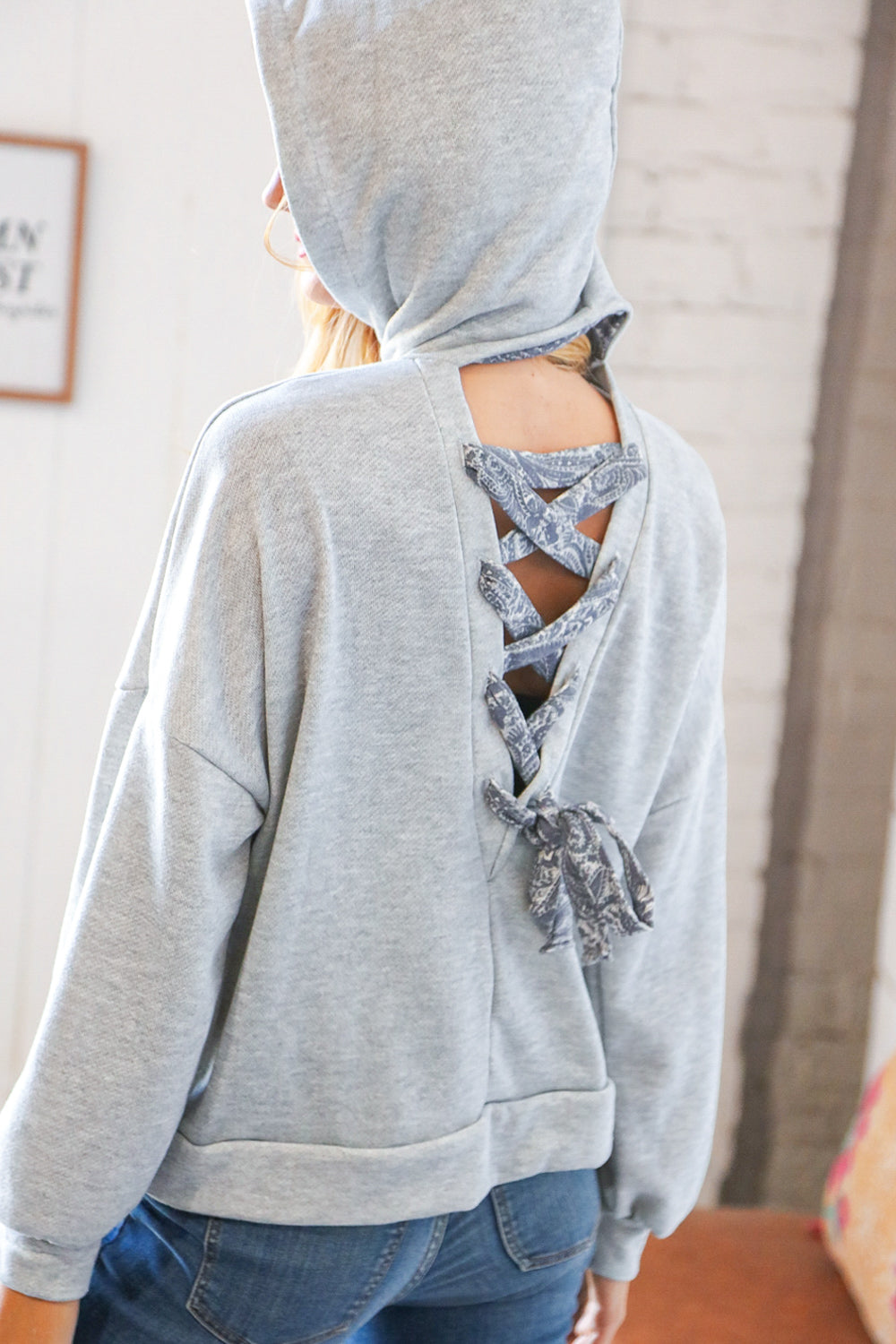 Grey Cotton Terry Paisley Sash Tie Back Hoodie