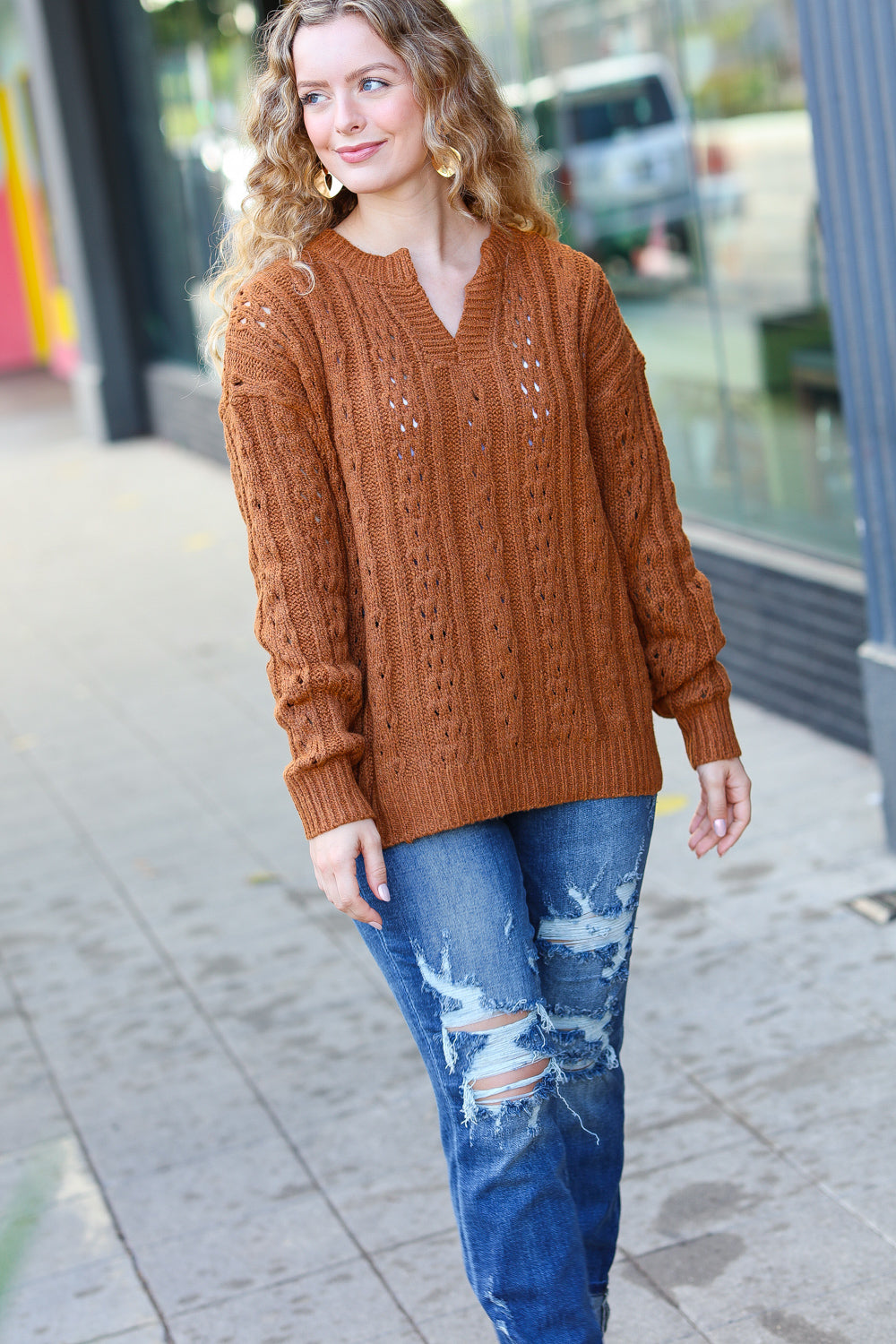 Can't Resist Rust Cable Knit Notched Neck Pullover Sweater