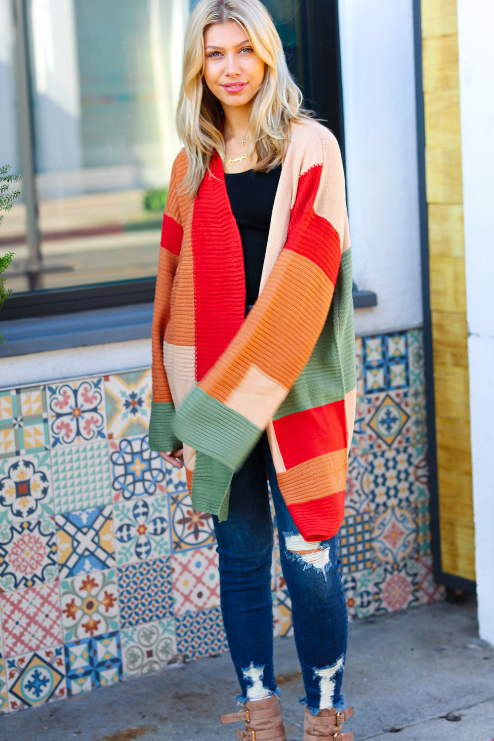 Latte Ready Rust & Taupe Color Block Open Knit Cardigan