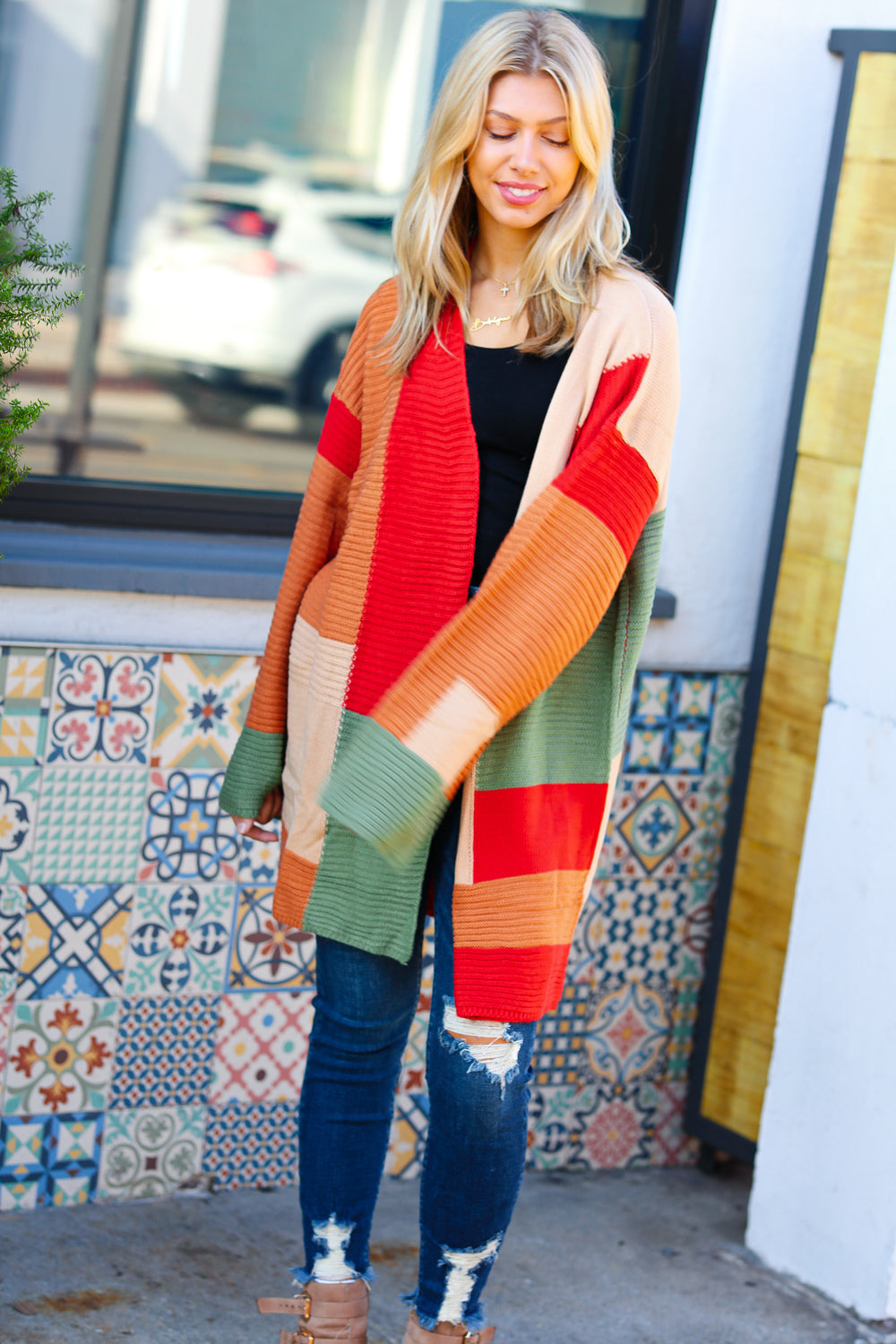 Latte Ready Rust & Taupe Color Block Open Knit Cardigan