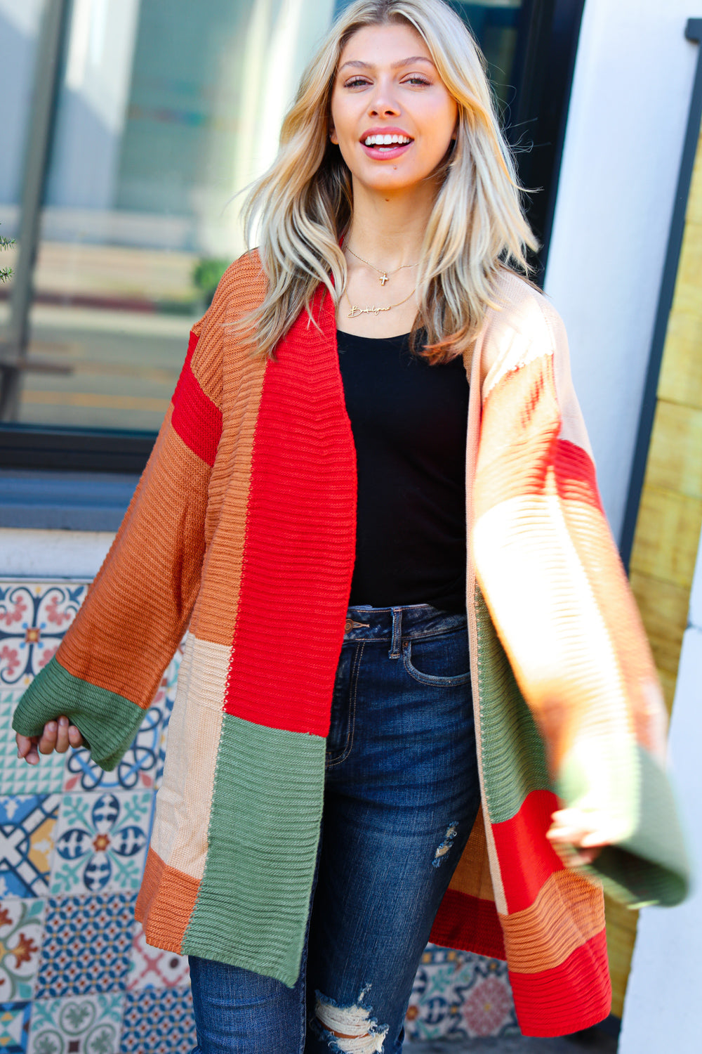 Latte Ready Rust & Taupe Color Block Open Knit Cardigan