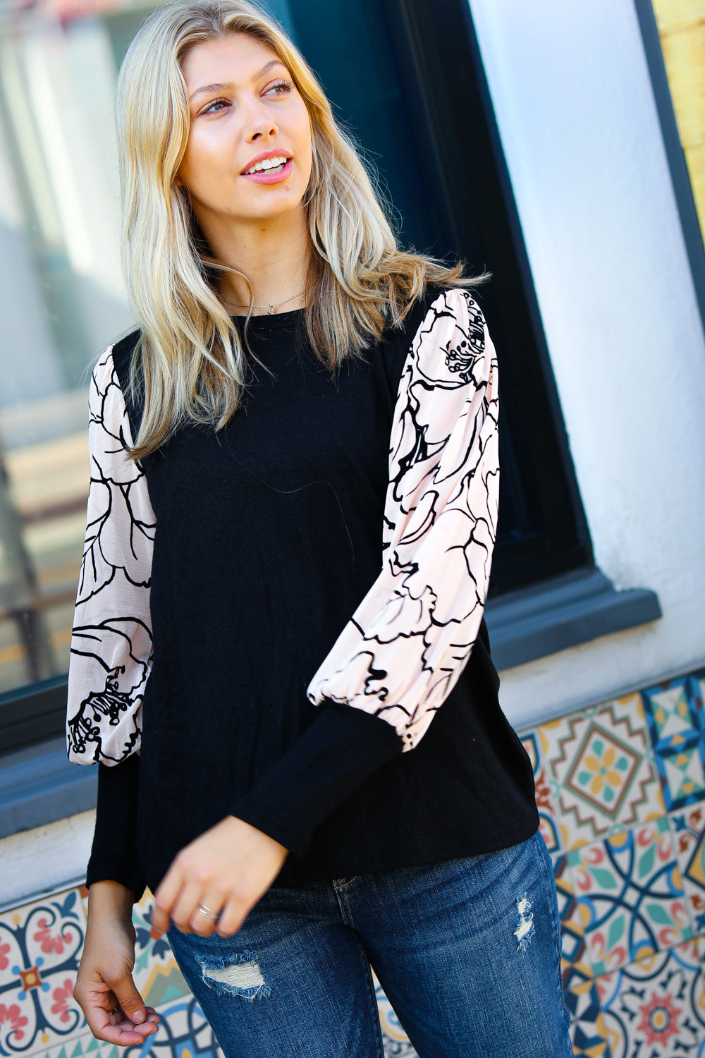 Date Night Black Velvet Floral Mesh Bubble Sleeve Top