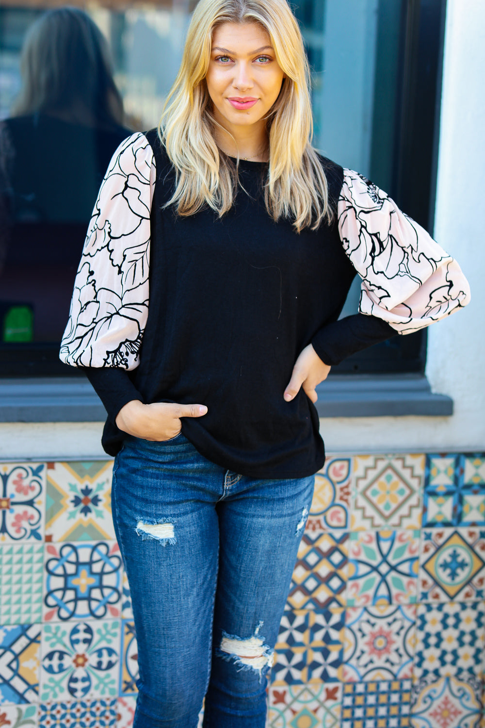 Date Night Black Velvet Floral Mesh Bubble Sleeve Top