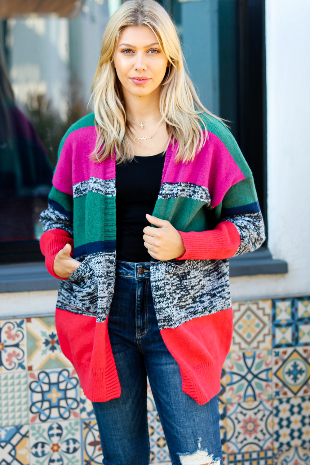 Face The Day Magenta & Hunter Green Two Tone Cardigan