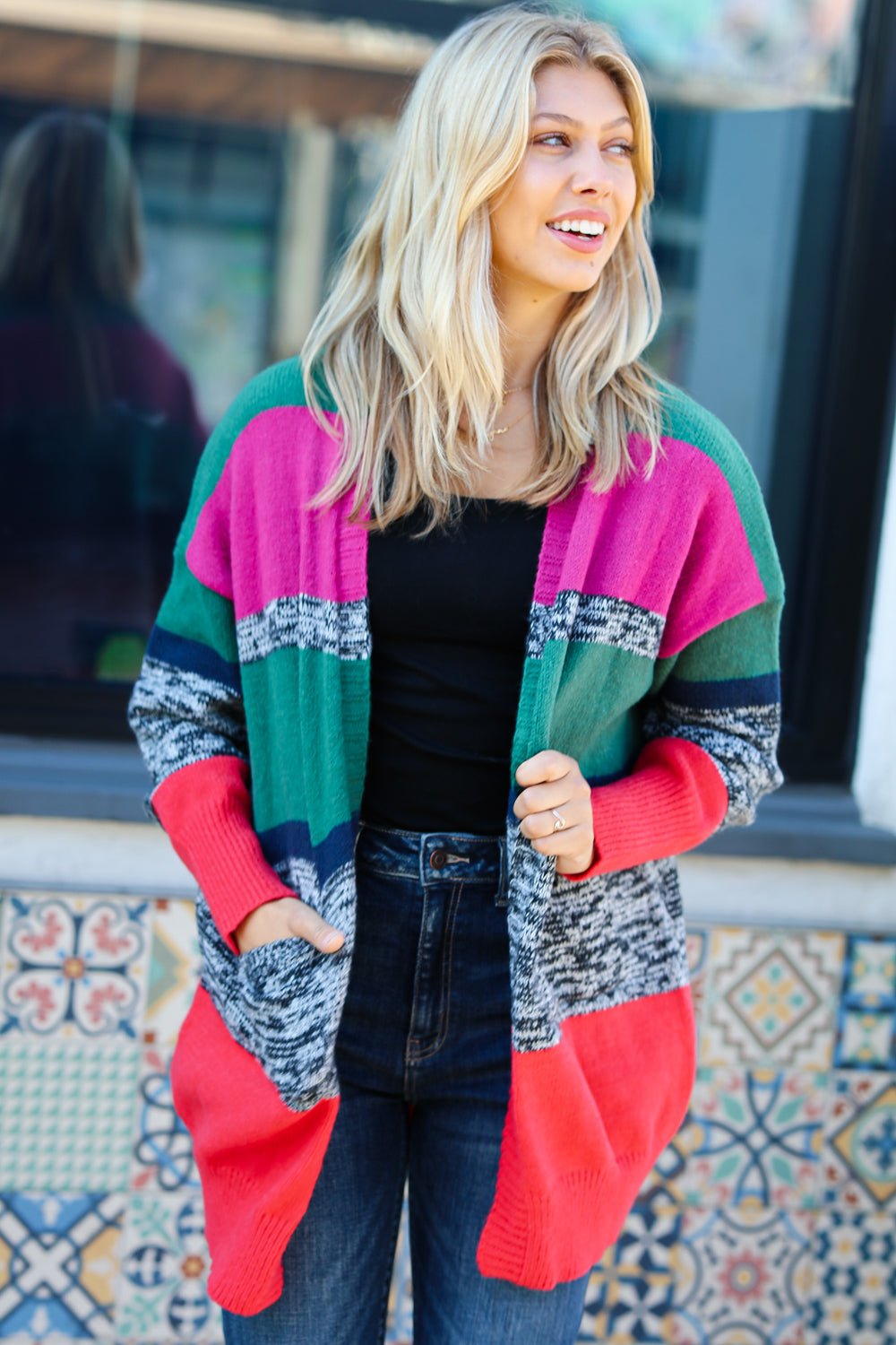 Face The Day Magenta & Hunter Green Two Tone Cardigan