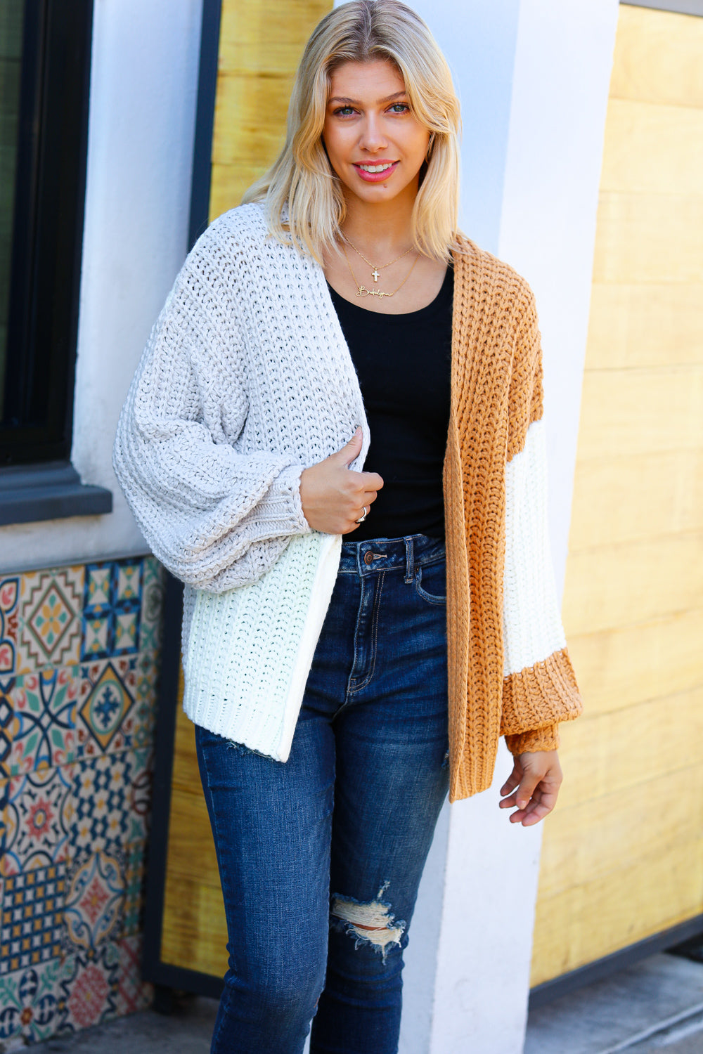 Face The Day Camel Color Block Chunky Knit Cardigan