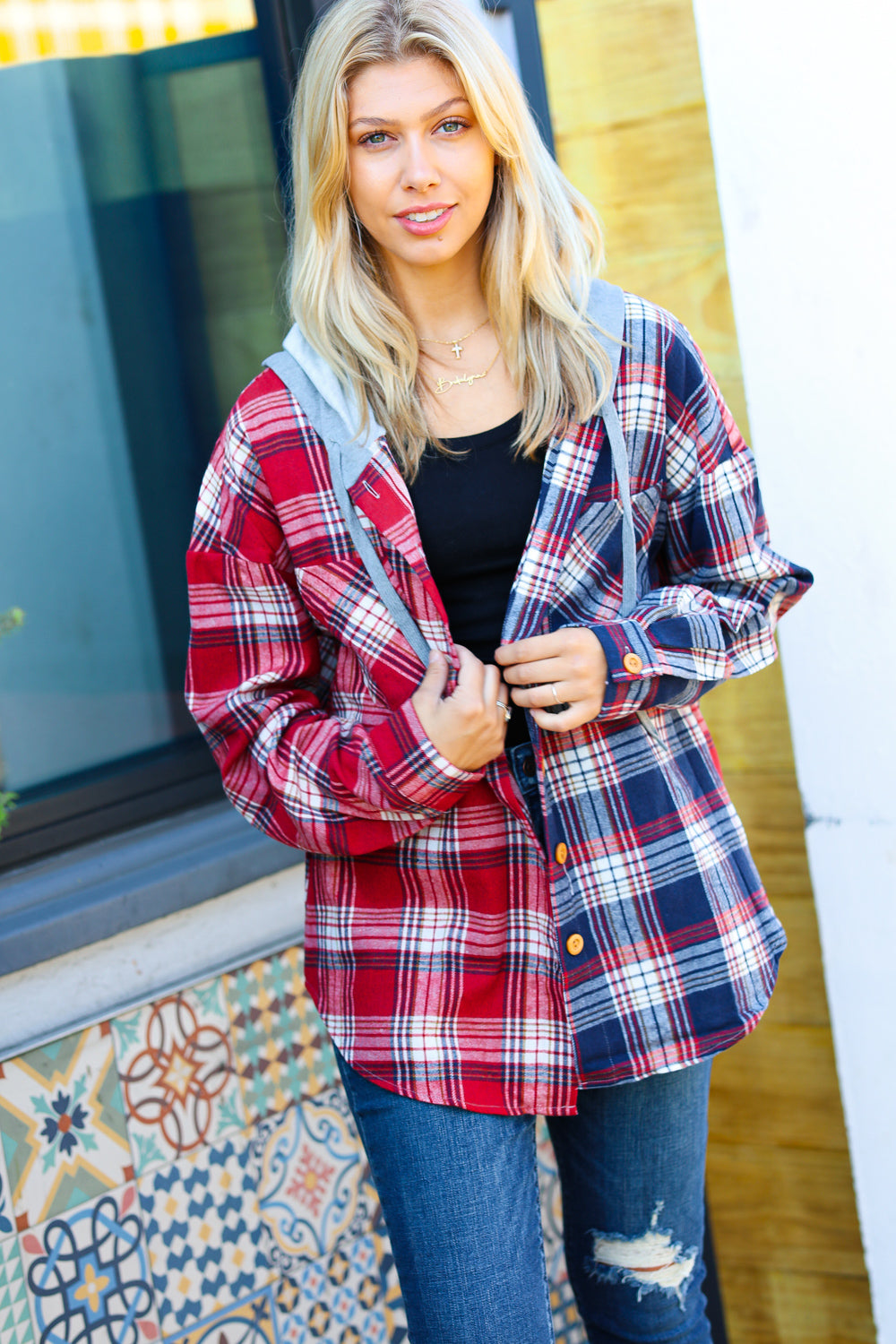 Face the Day Red/Navy Plaid Color Block Hoodie Shacket