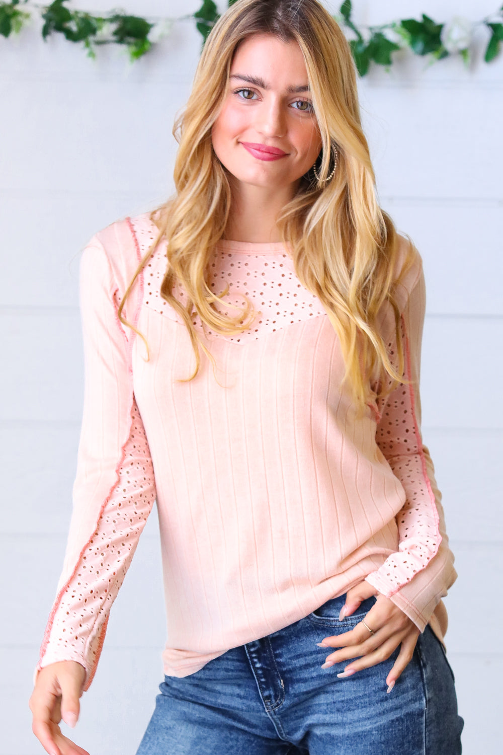 Peach Wide Rib Knit Eyelet Yoke Top