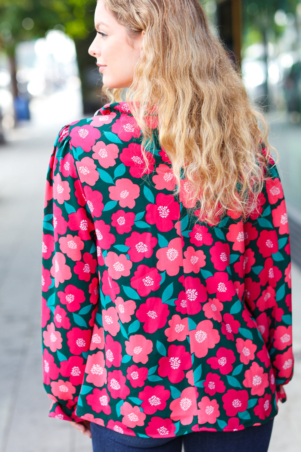 Your Best Days Magenta & Hunter Green Floral Print Frill Neck Top