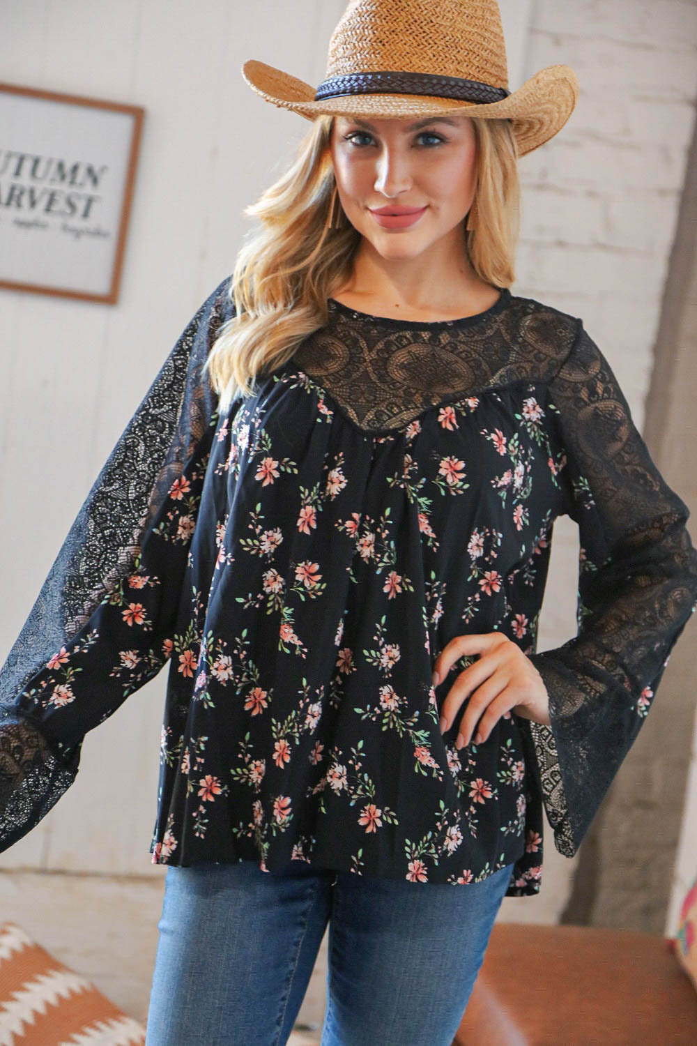 Black Floral Lace Color Block Bell Sleeve Blouse