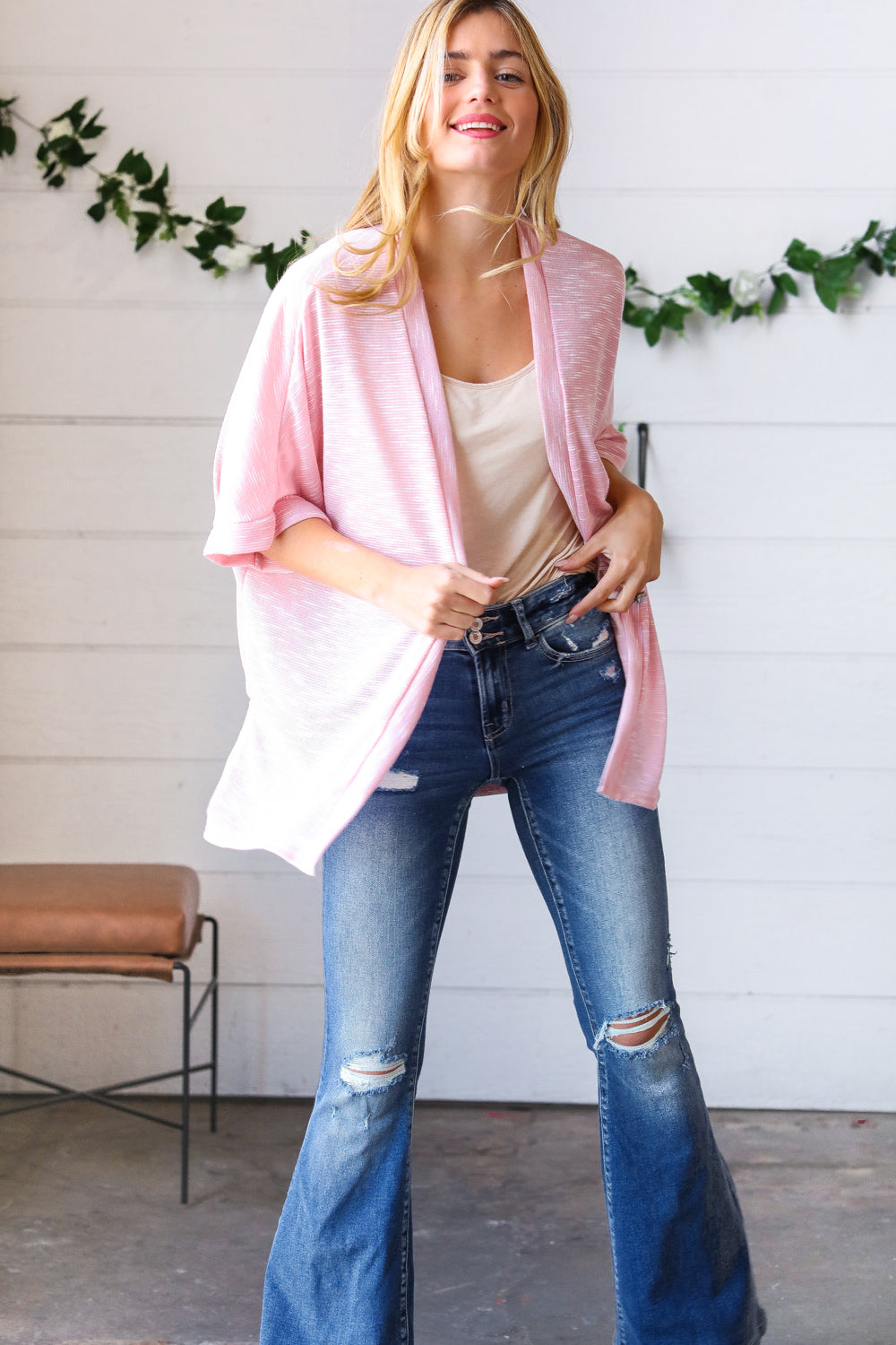 Blush Two Tone Dolman Open Cardigan