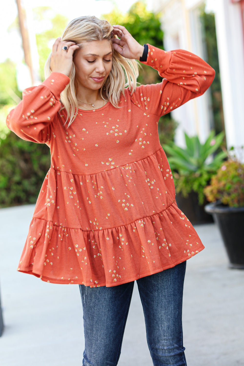 Hello Beautiful Rust Ditzy Floral Thermal Tiered Babydoll Top