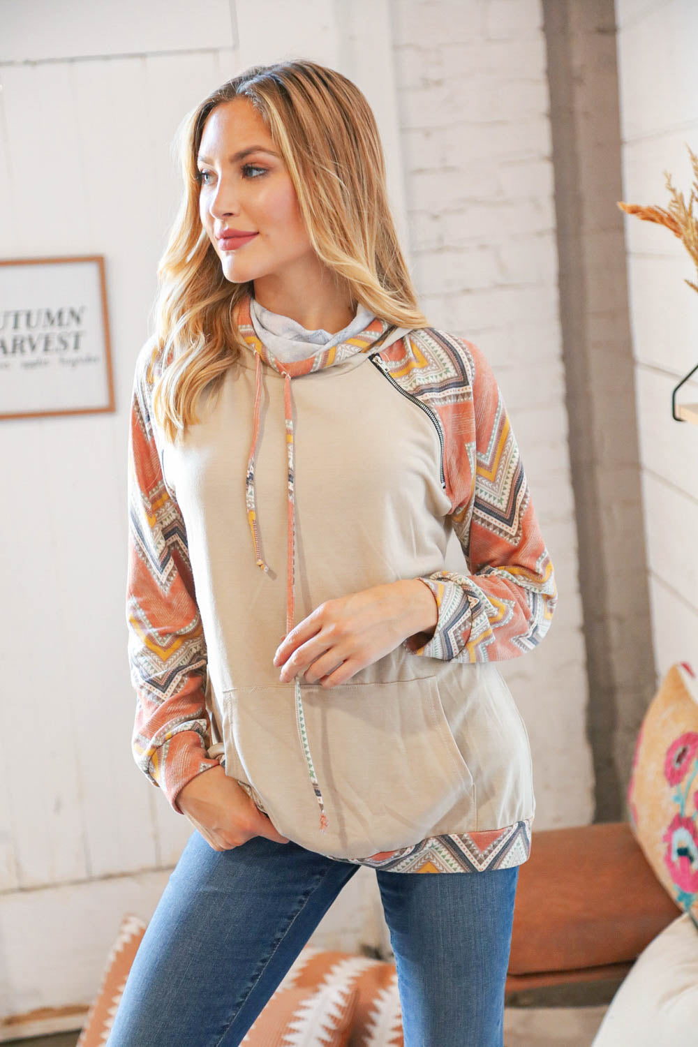 Taupe Chevron Color Block Zipper Hoddie