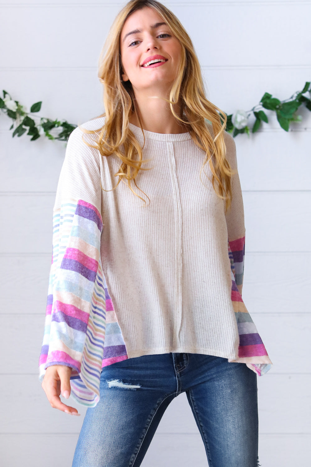 Ivory Slub Rib Thermal Multicolor Stripe Bell Sleeve Top