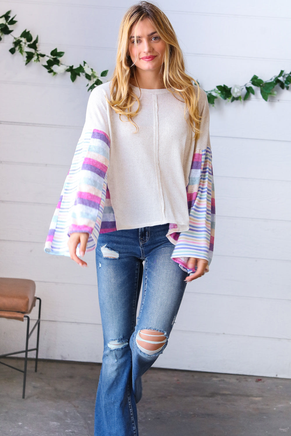 Ivory Slub Rib Thermal Multicolor Stripe Bell Sleeve Top