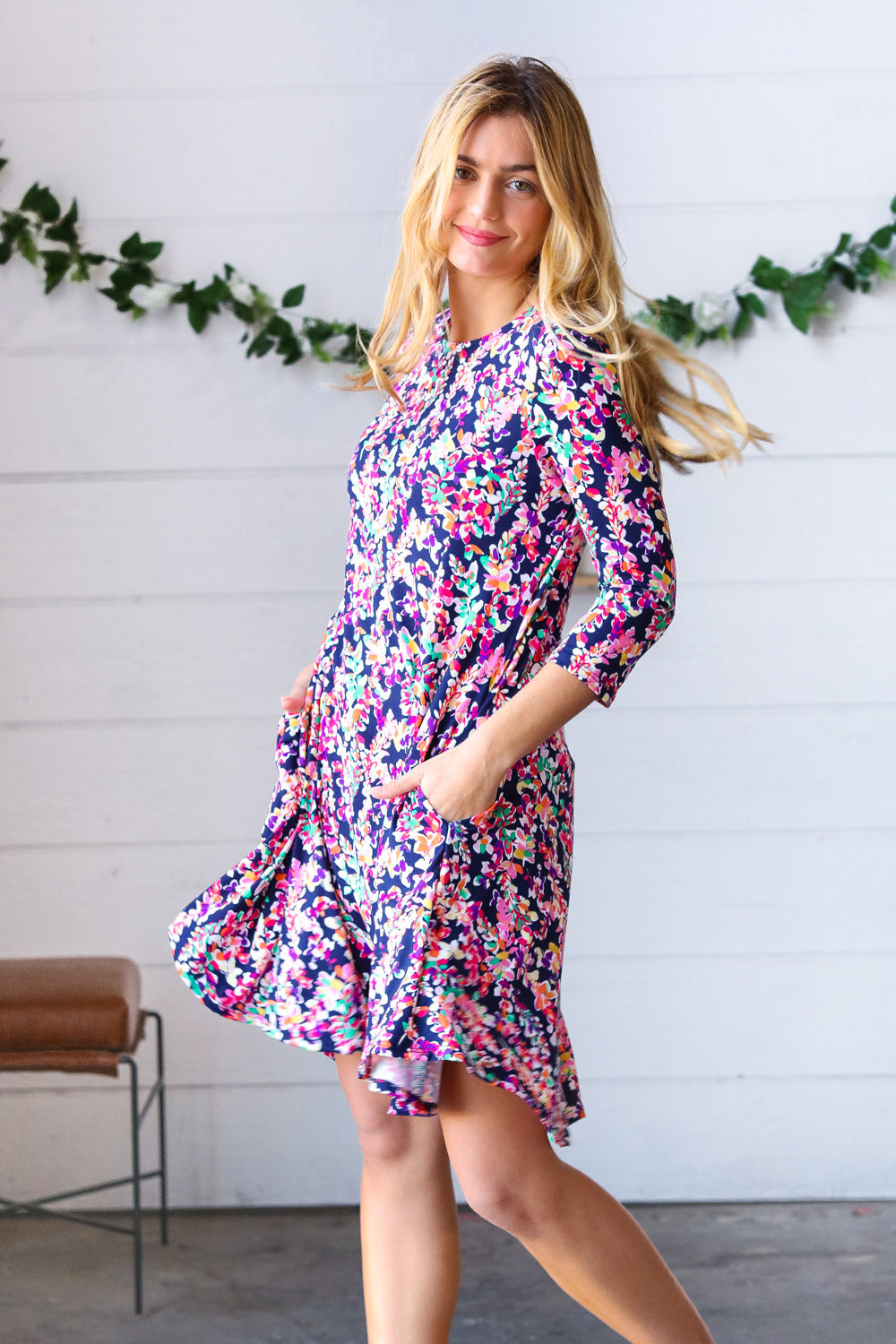 Navy Floral Flare Midi Dress