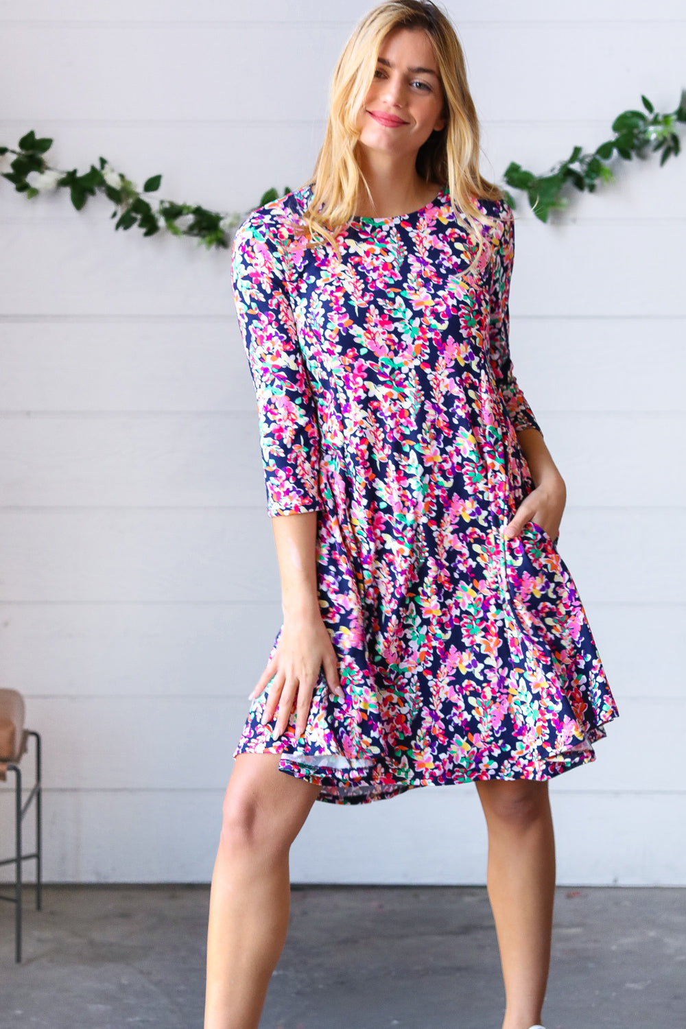 Navy Floral Flare Midi Dress