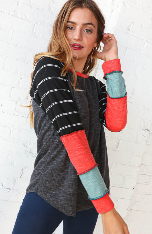 Black & Grey Thermal Rib Color Block Raglan Top