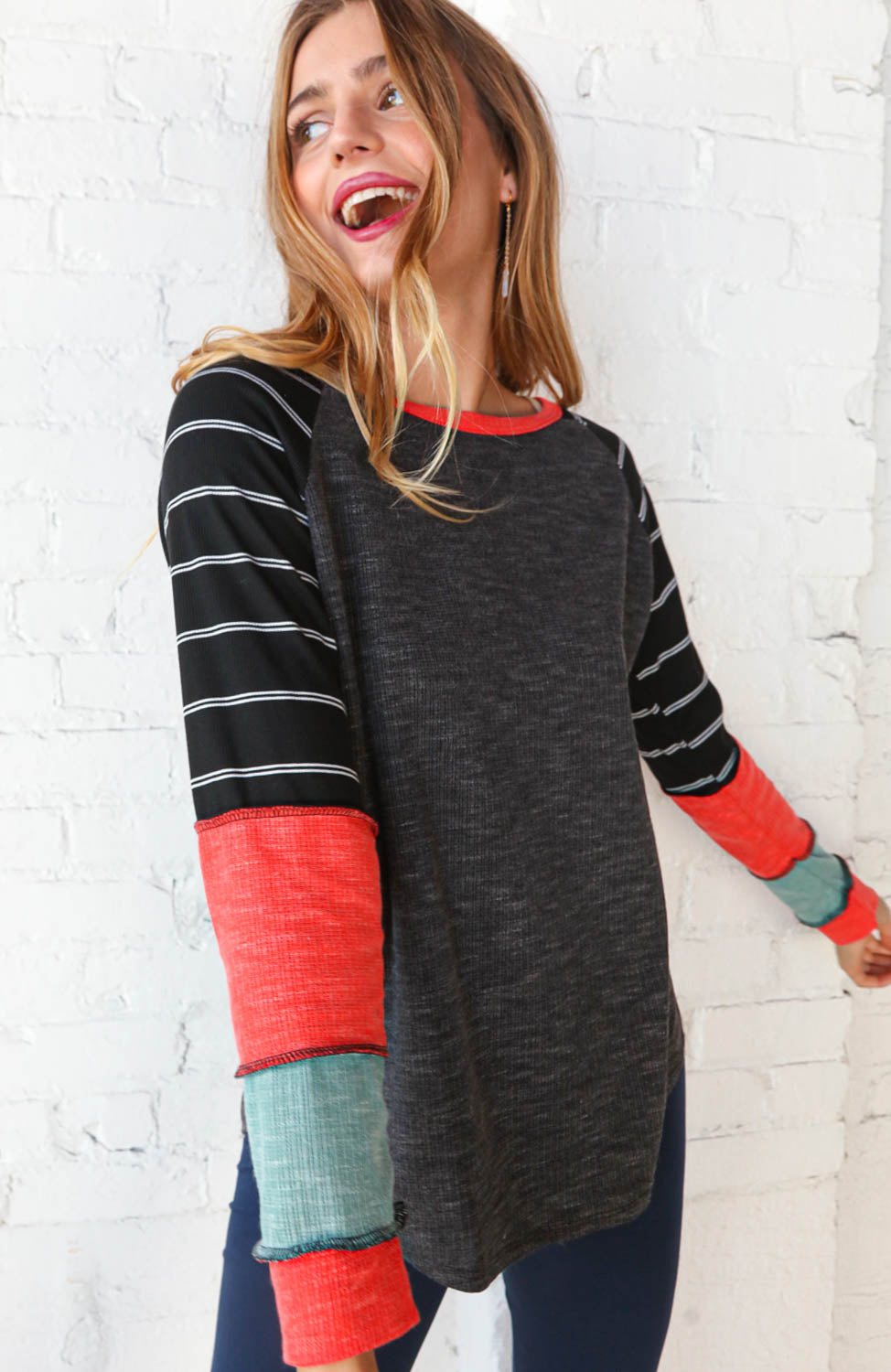 Black & Grey Thermal Rib Color Block Raglan Top