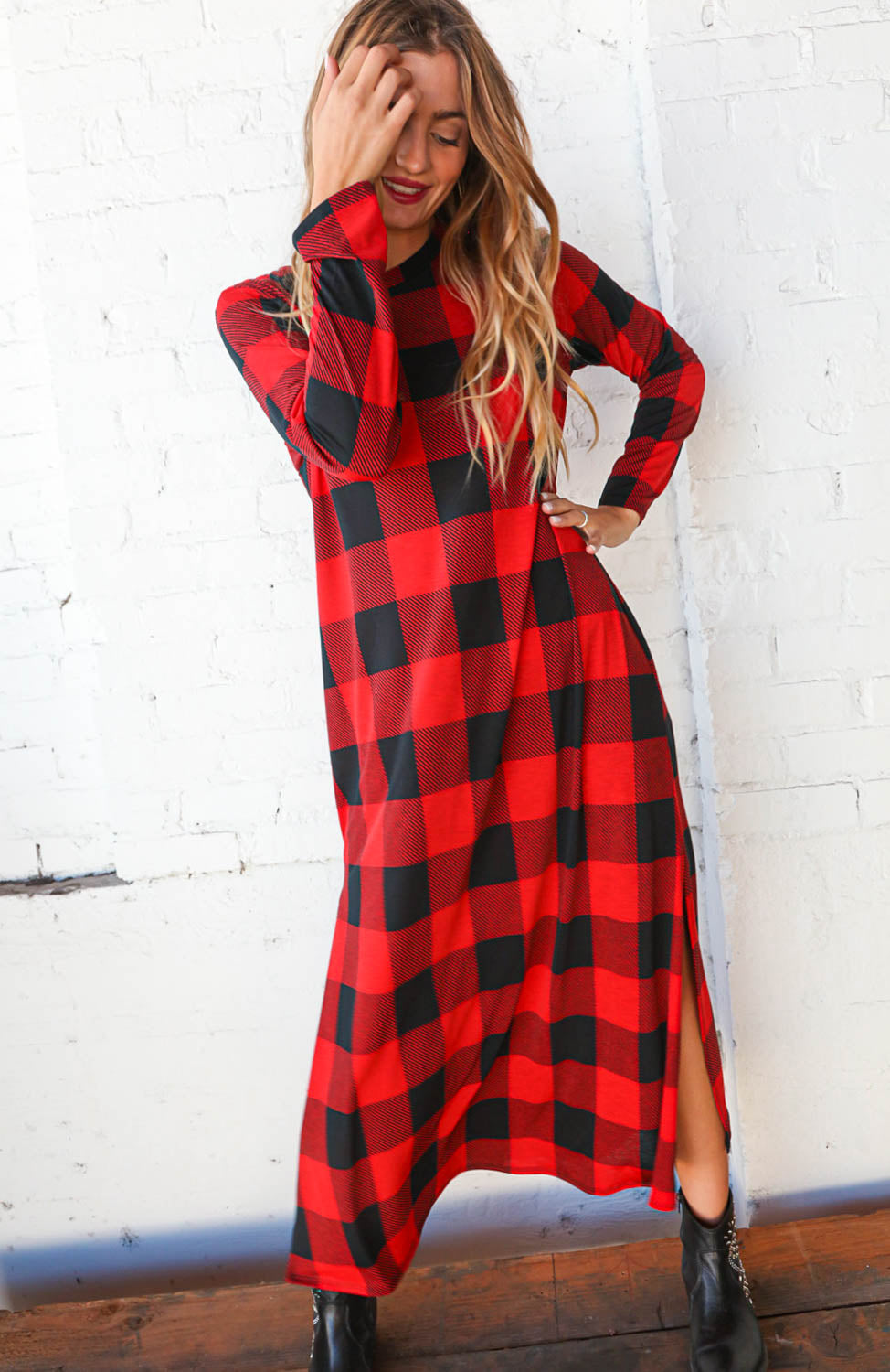 Buffalo Plaid Side Slit Maxi-Length Dress