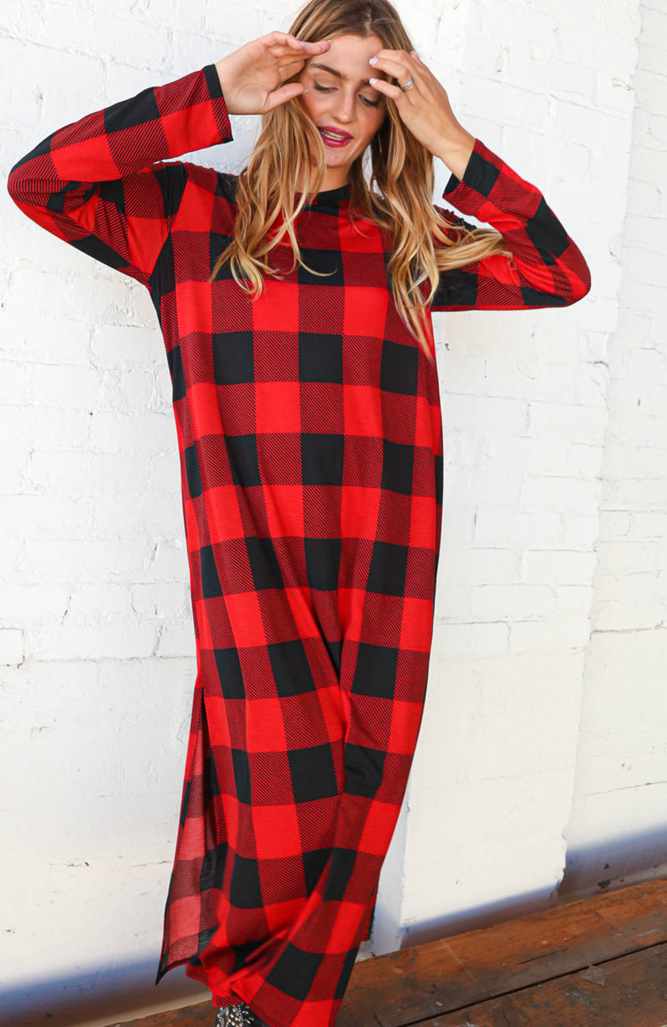 Buffalo Plaid Side Slit Maxi-Length Dress