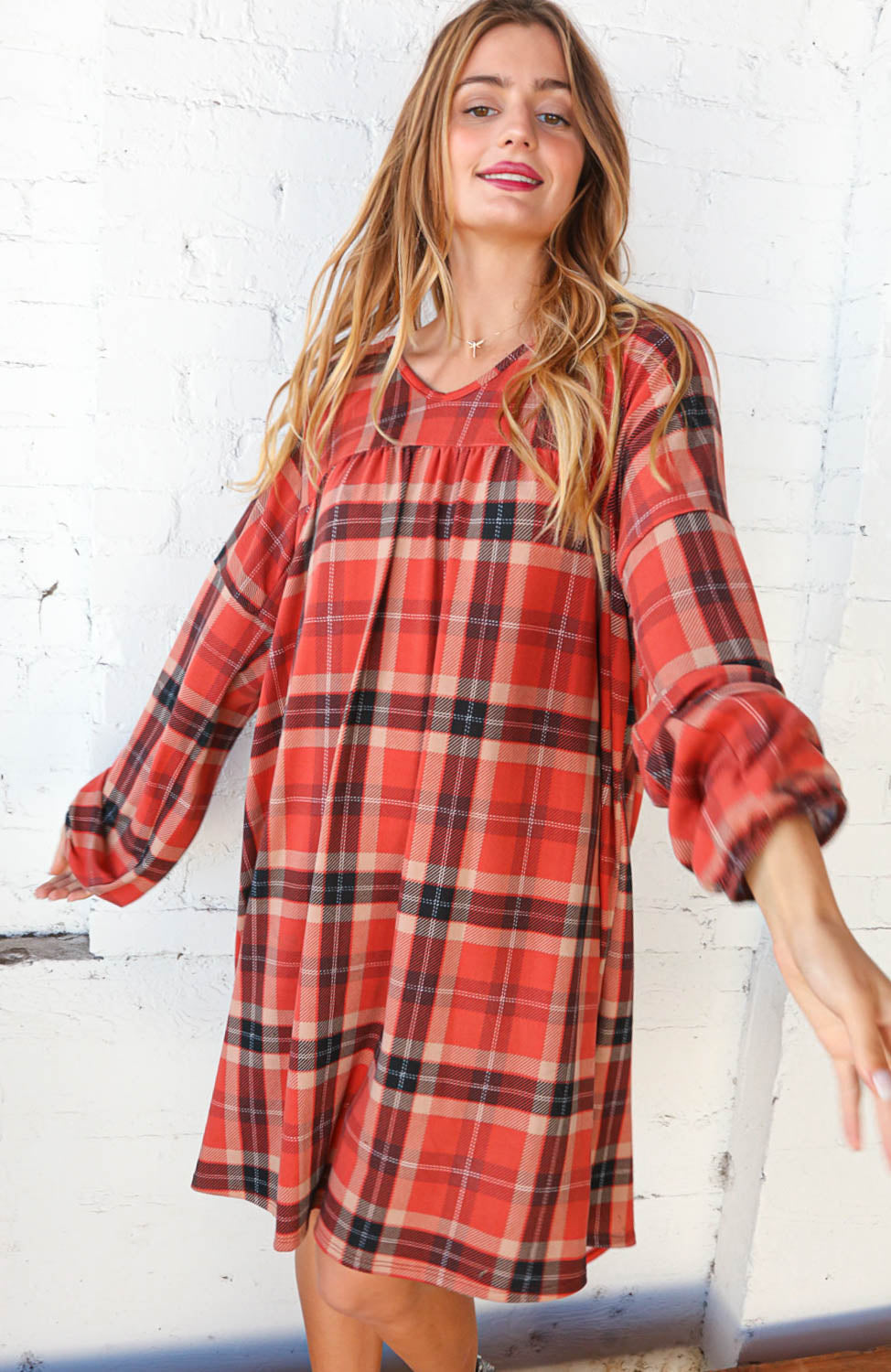 Multicolor Plaid V Neck Bubble Sleeve Midi Dress