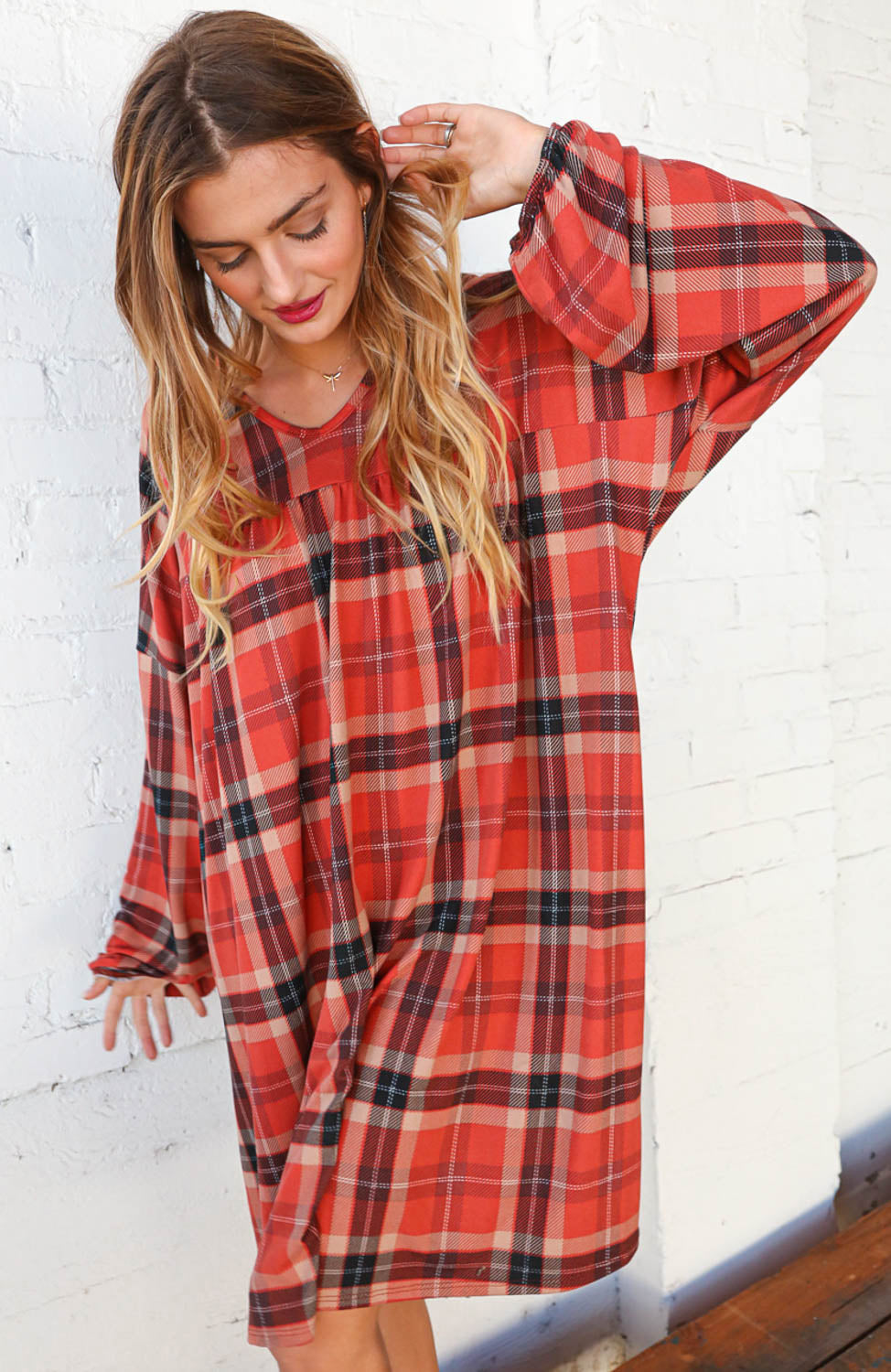 Multicolor Plaid V Neck Bubble Sleeve Midi Dress