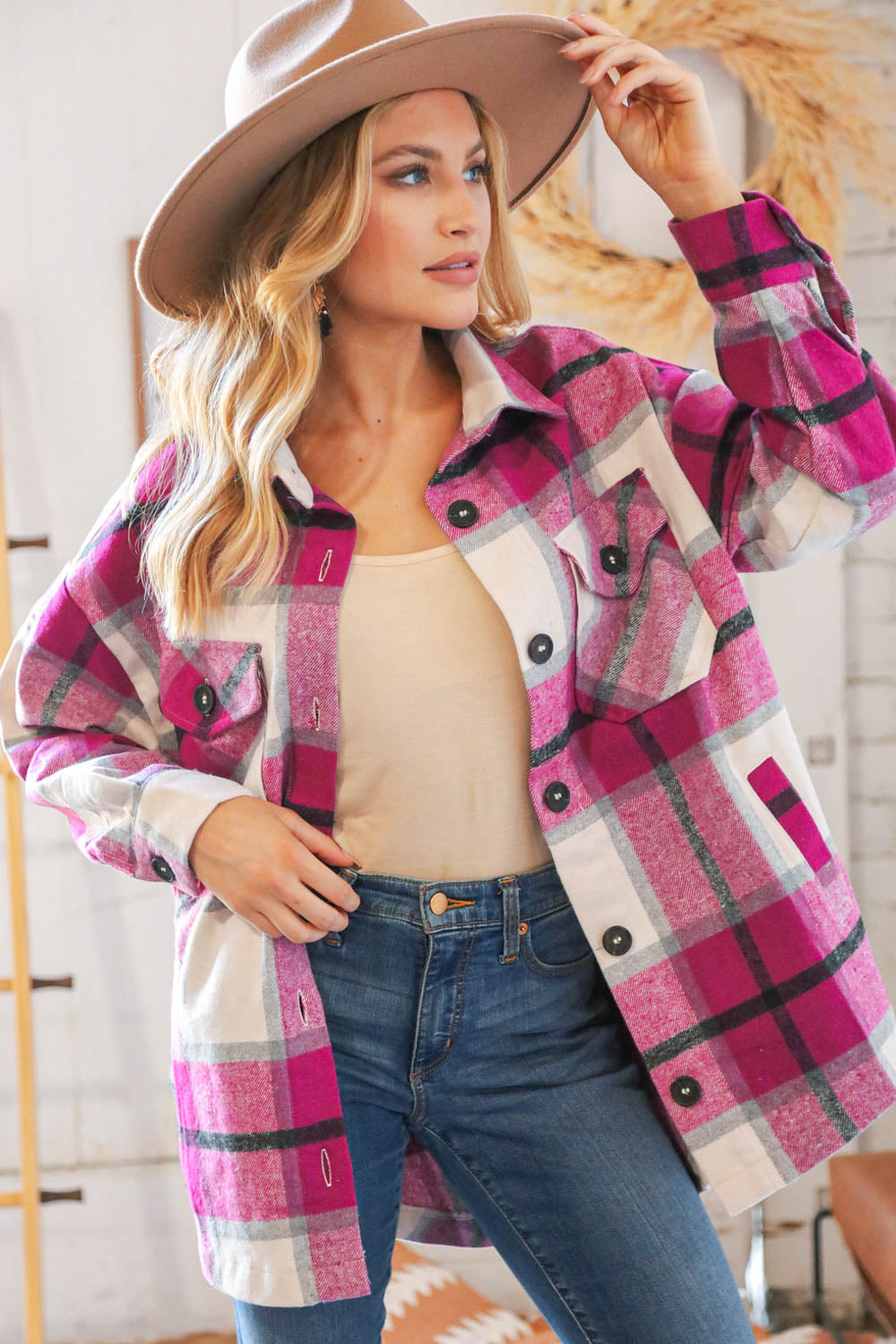 Magenta Plaid Flannel Button Down Oversized Jacket