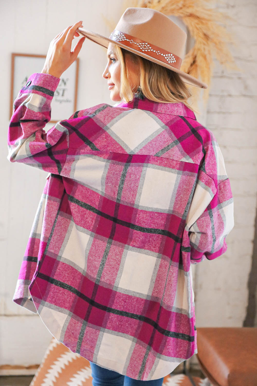 Magenta Plaid Flannel Button Down Oversized Jacket