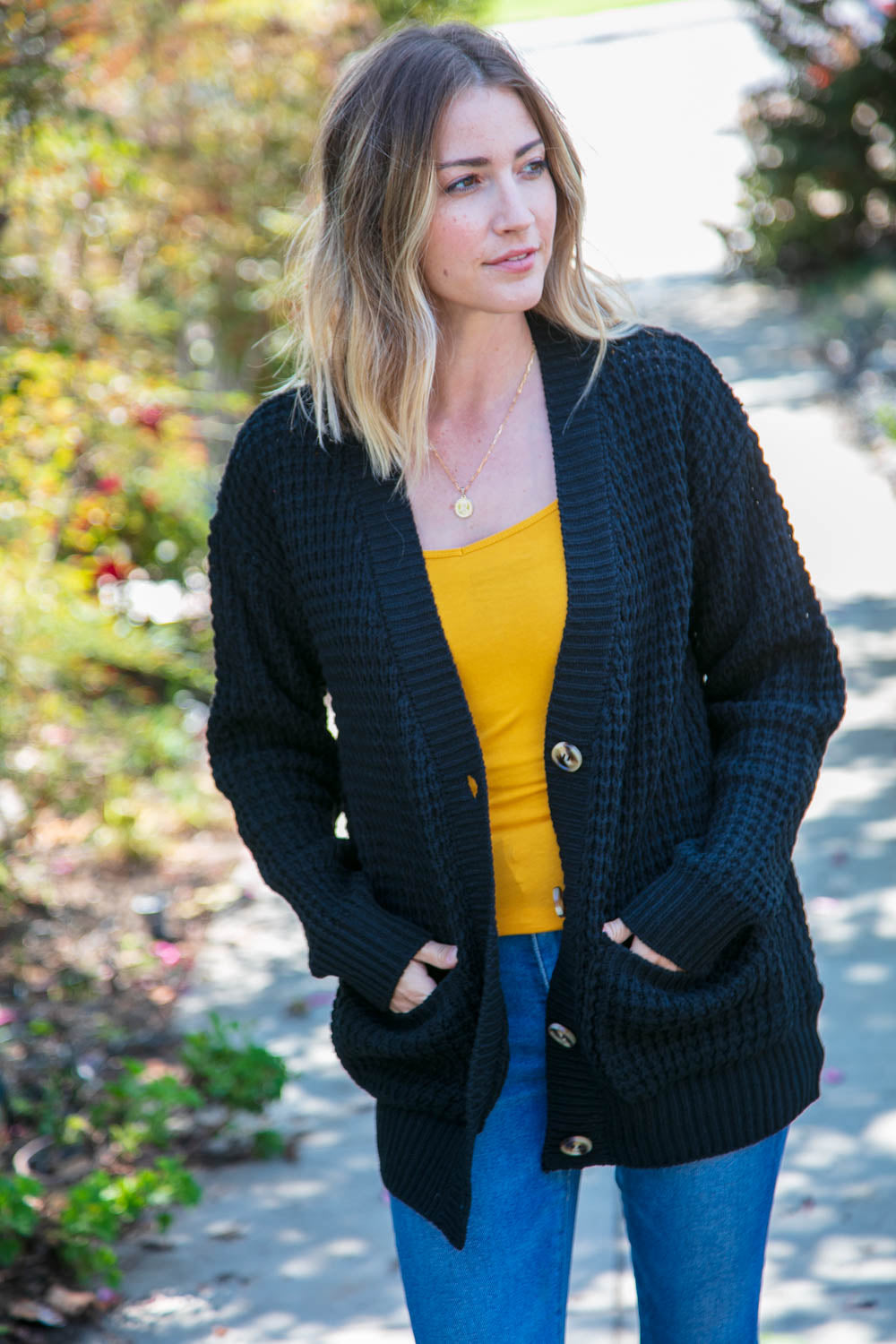 Black Button Down Boyfriend Cardigan with Pockets