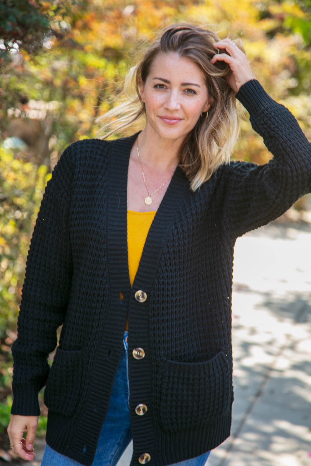 Black Button Down Boyfriend Cardigan with Pockets