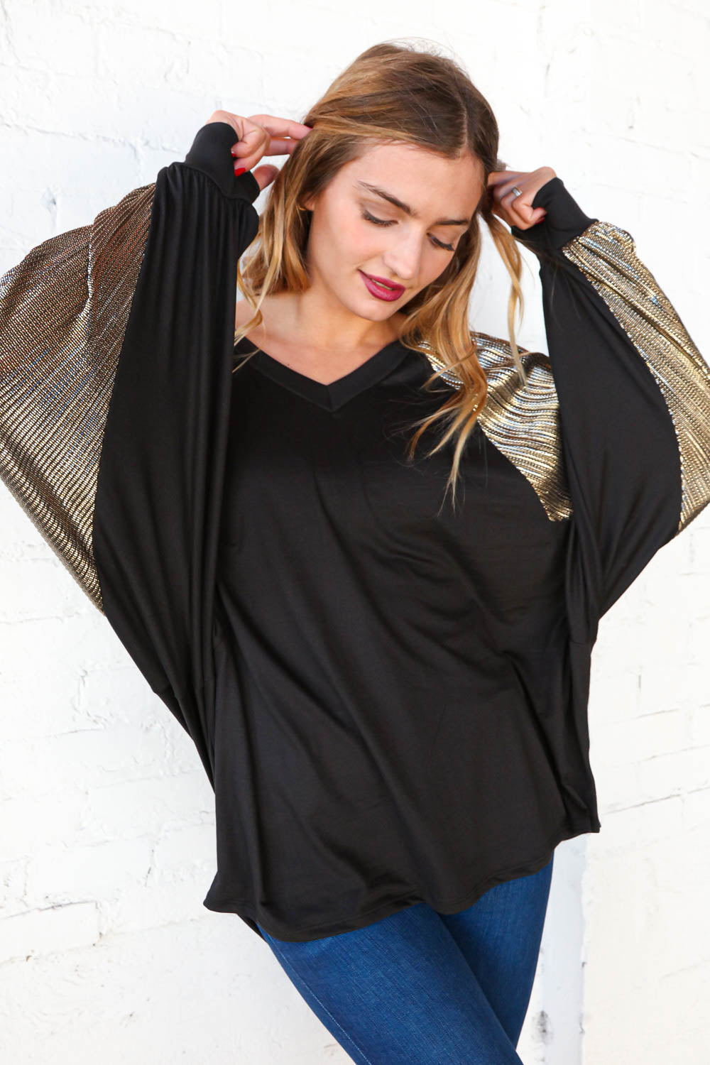 Black V Neck Dolman Shimmer Color Block Top