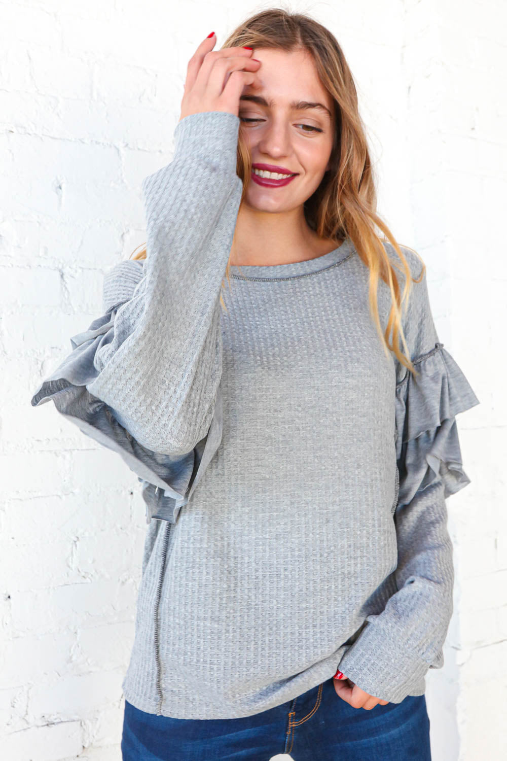 Heather Grey Ruffle Frill Bubble Sleeve Waffle Knit Top