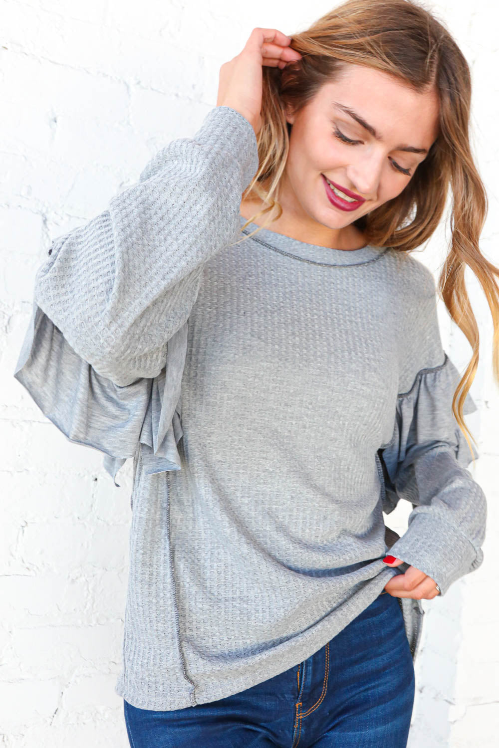 Heather Grey Ruffle Frill Bubble Sleeve Waffle Knit Top