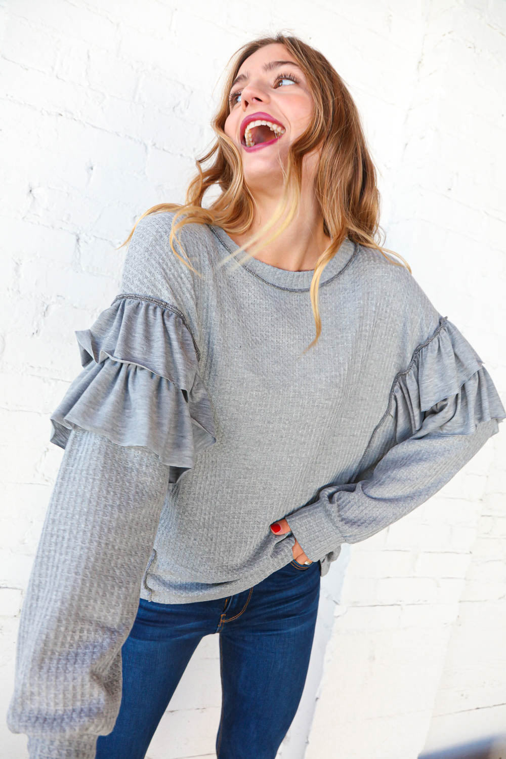 Heather Grey Ruffle Frill Bubble Sleeve Waffle Knit Top