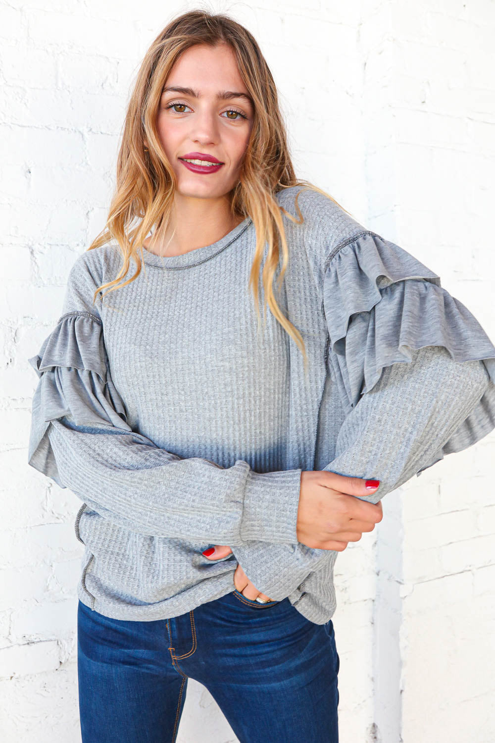 Heather Grey Ruffle Frill Bubble Sleeve Waffle Knit Top