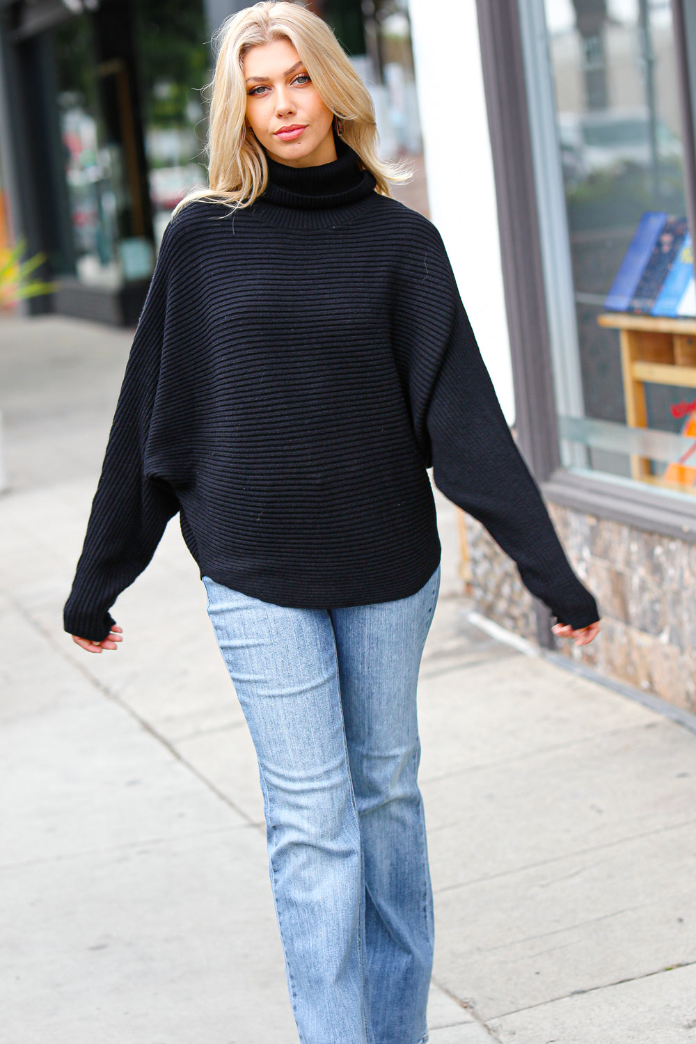 Lady In Black Ribbed Turtleneck Dolman Sweater