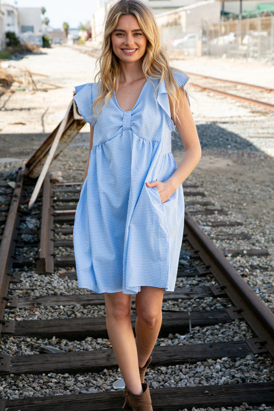 Blue Bow Ruffle Short Sleeve Flutter Pocketed Dress