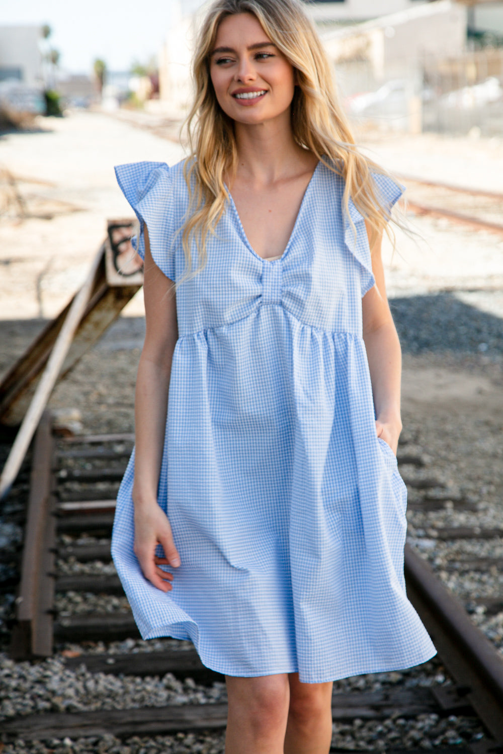 Blue Bow Ruffle Short Sleeve Flutter Pocketed Dress