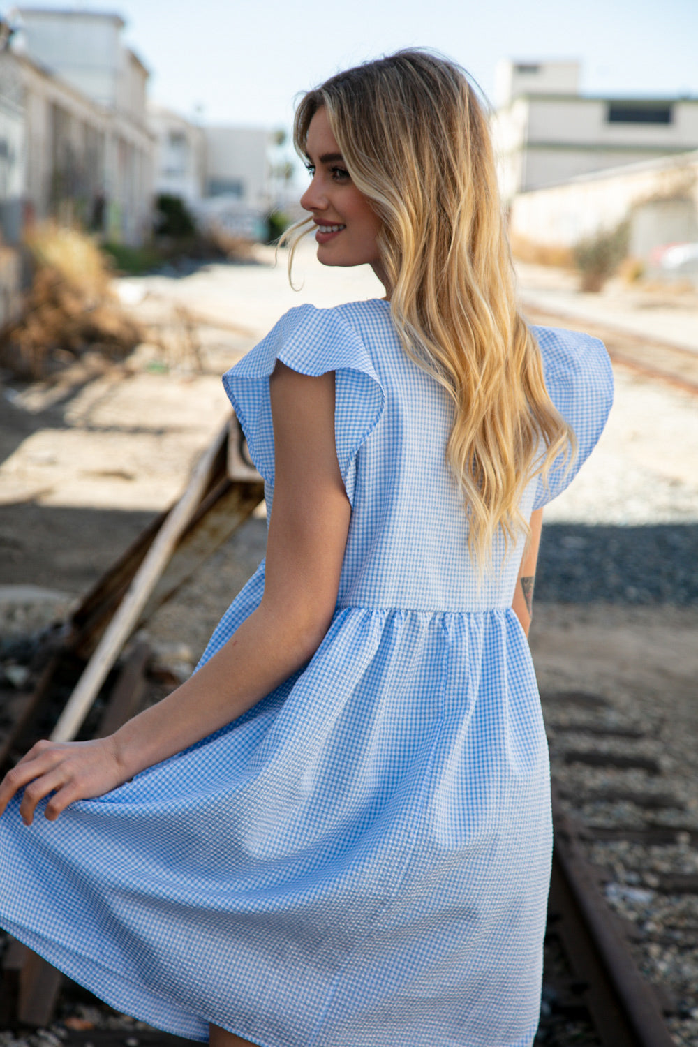 Blue Bow Ruffle Short Sleeve Flutter Pocketed Dress