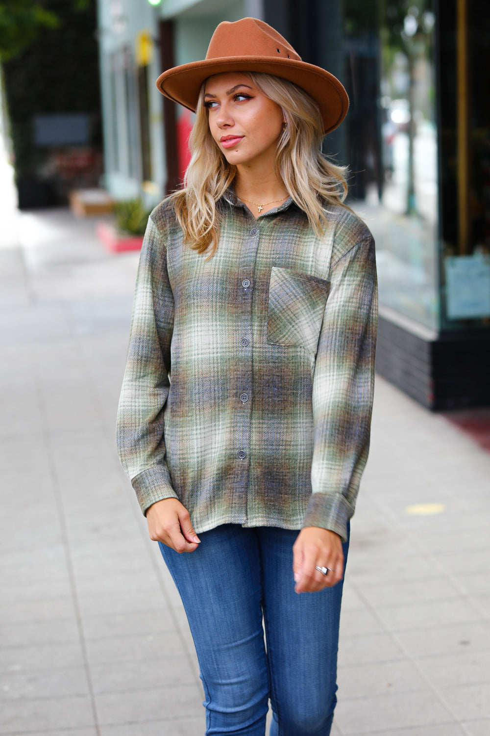 Weekend Ready Green Jacquard Plaid Button Up