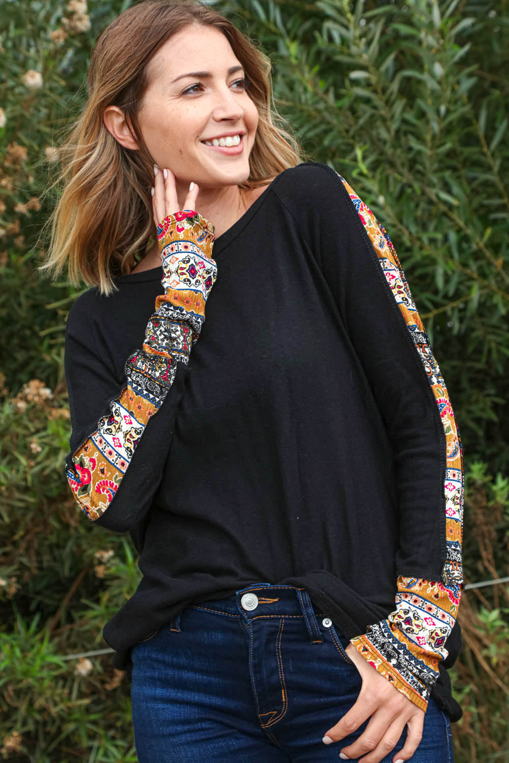 Ethnic Paisley Print Raglan Knit Top with Thumb Holes