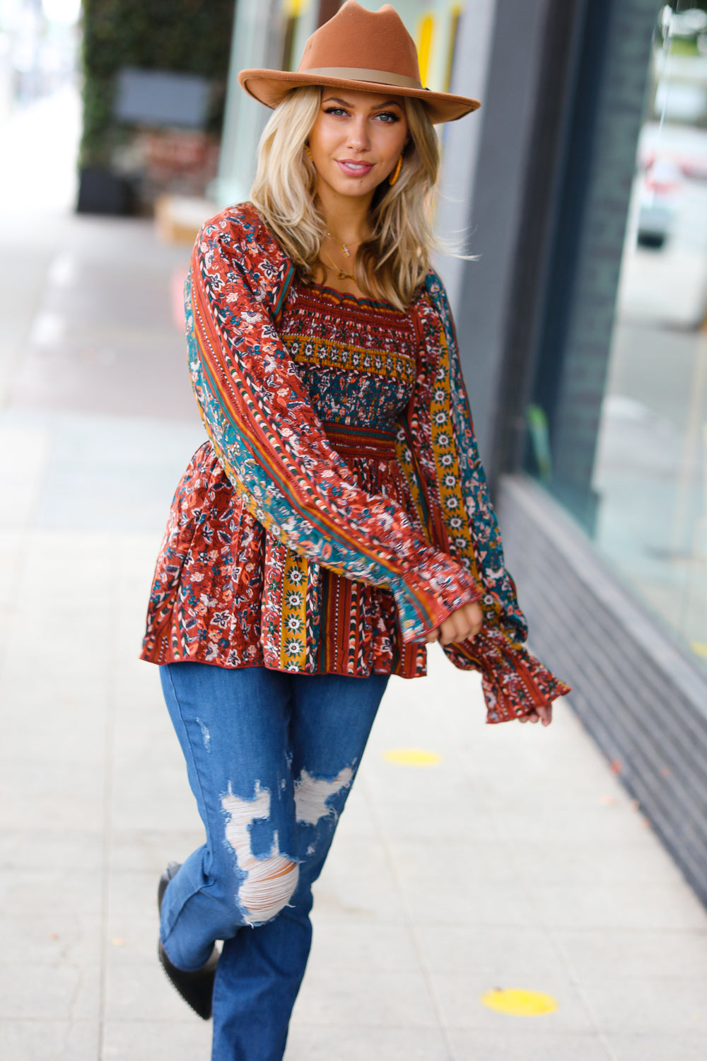 Teal & Rust Smocked Floral Ruffle Hem Top