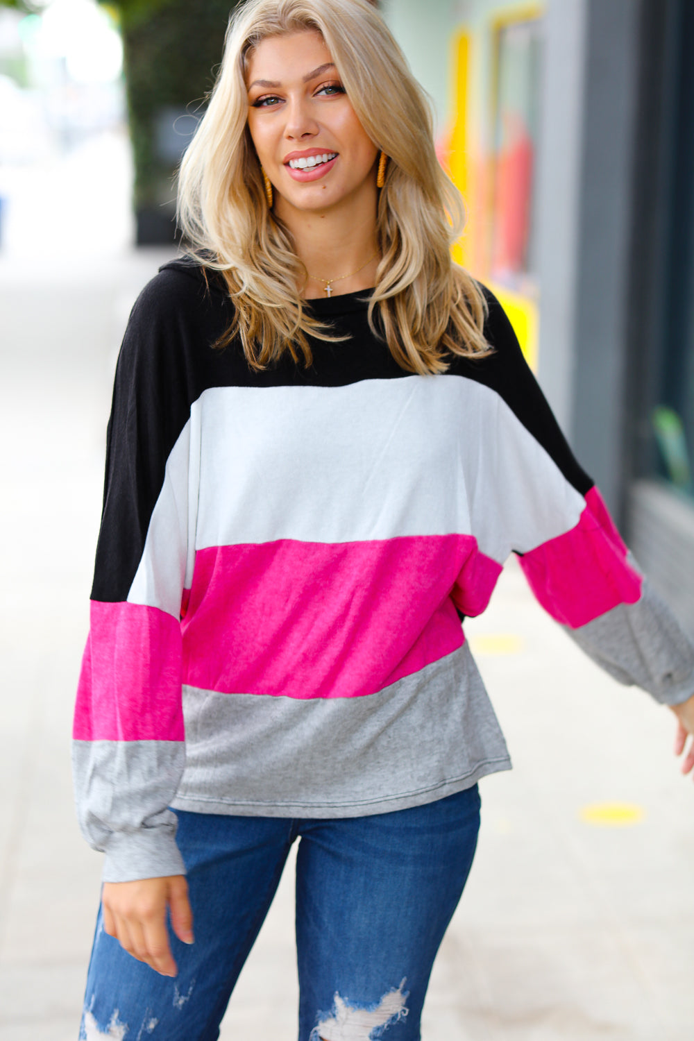 Fuchsia & Black Color Block Hacci Sweater Top