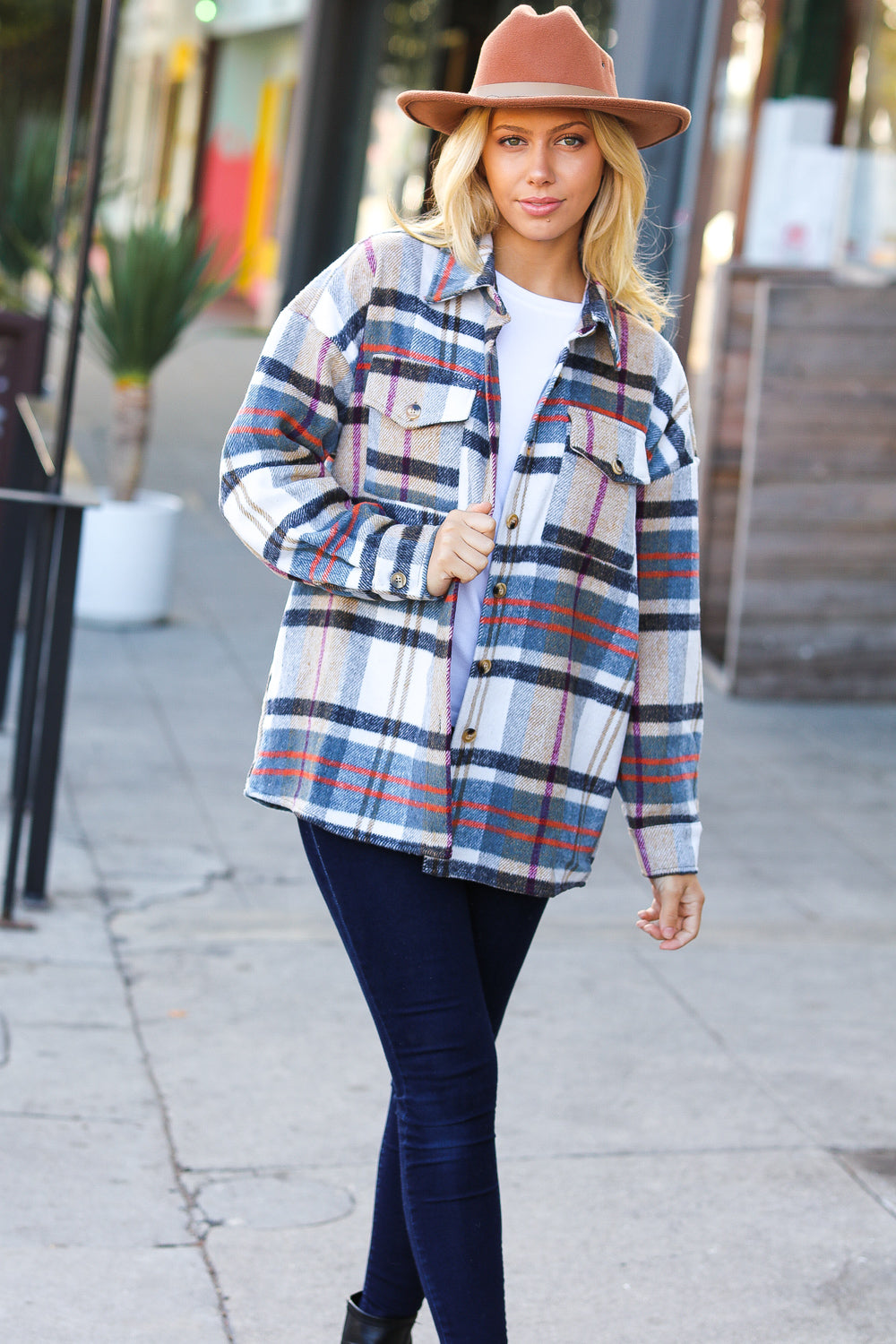 Perfectly You Taupe & Blue Plaid Flannel Button Down Shacket