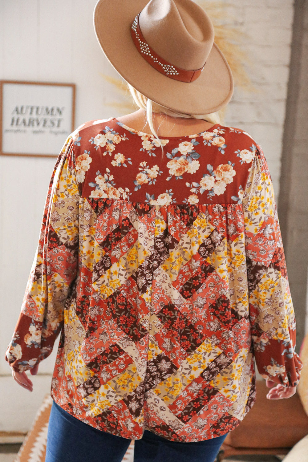 Rust Harvest Floral Patchwork V Neck Blouse