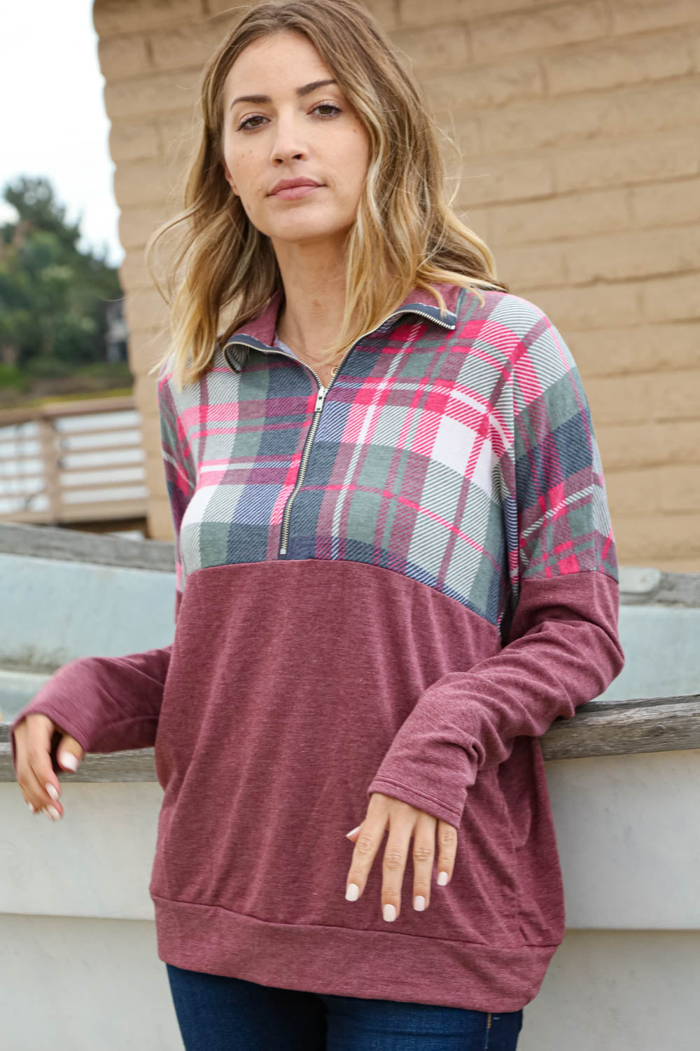 Pomegranate Plaid Print Half Zipper Up Knit Top