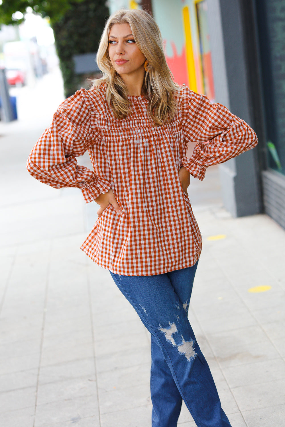 ADORABLE IN GINGHAM MOCK NECK TOP